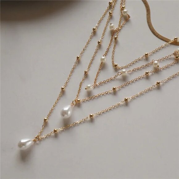 NEW 18K Gold Plated Pearl Drop and Chain Stacked Layered Necklace - Picture 3 of 4